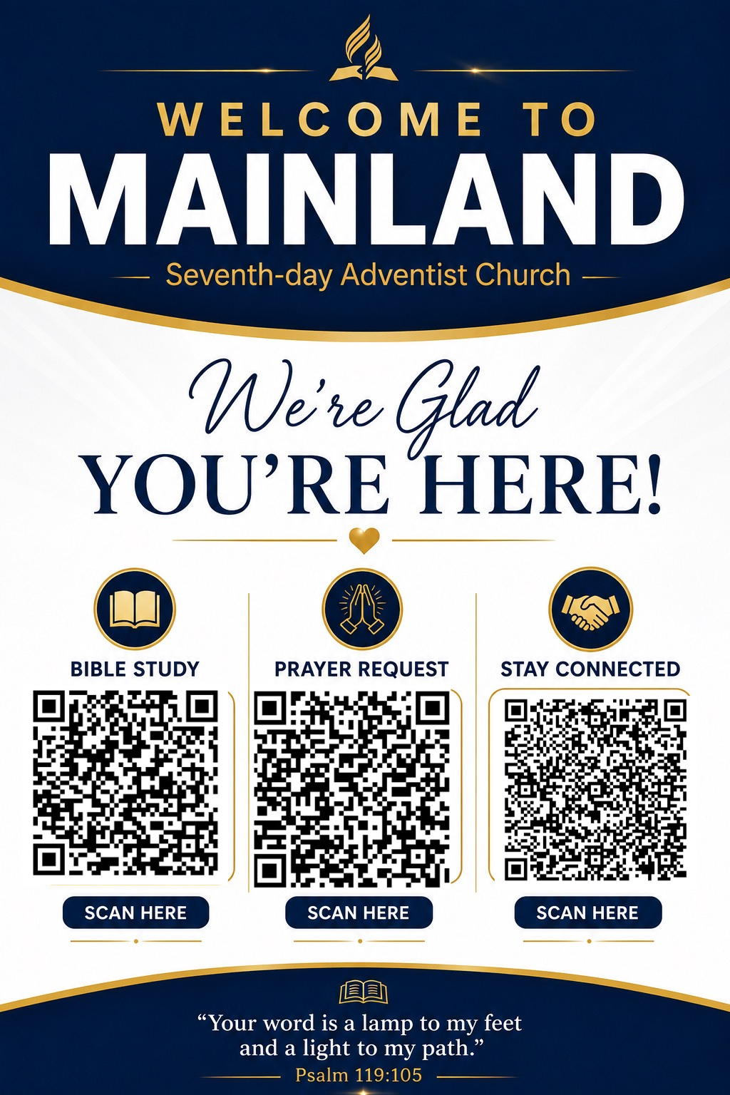 Welcome to Mainland flyer with QR codes for Bible study, prayer requests, and staying connected